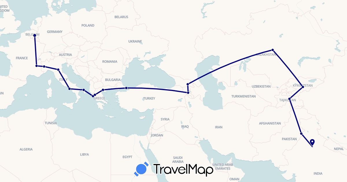 TravelMap itinerary: driving in Armenia, Belgium, France, Georgia, Greece, India, Italy, Kyrgyzstan, Kazakhstan, Pakistan, Tajikistan, Turkey (Asia, Europe)